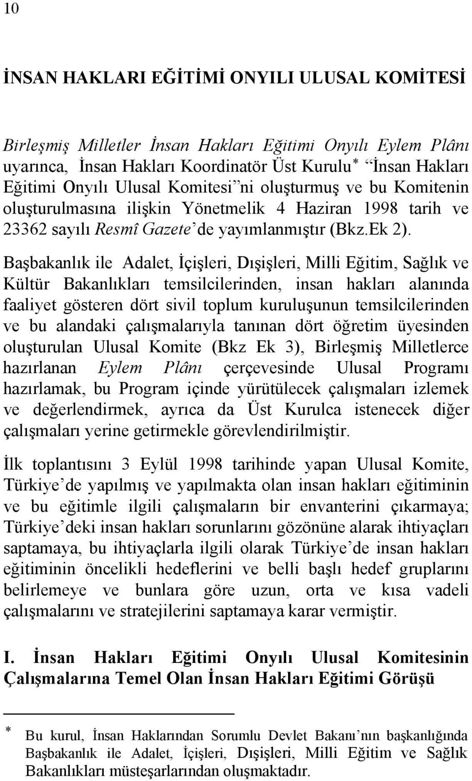 Başbakanlık ile Adalet, İçişleri, Dışişleri, Milli Eğitim, Sağlık ve Kültür Bakanlıkları temsilcilerinden, insan hakları alanında faaliyet gösteren dört sivil toplum kuruluşunun temsilcilerinden ve