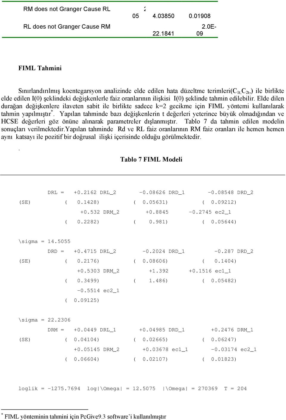 şeklinde tahmin edilebilir. Elde dilen durağan değişkenlere ilaveten sabit ile birlikte sadece k=2 gecikme için FIML yöntemi kullanılarak tahmin yapılmıştır *.