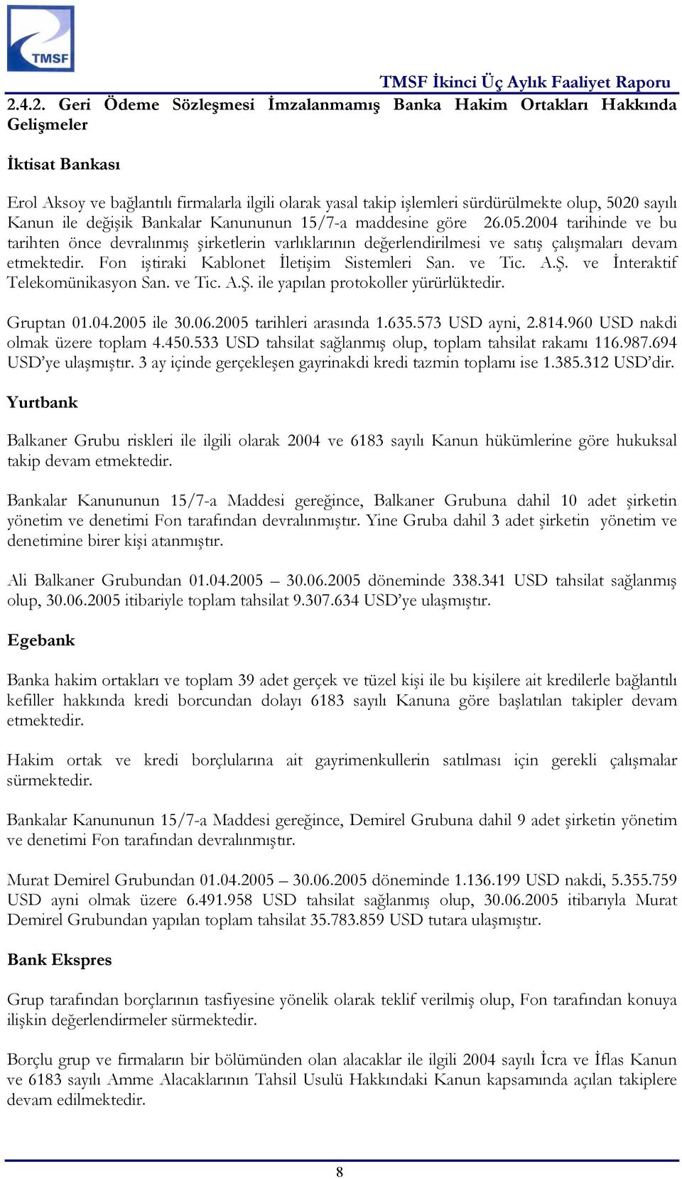 2004 tarihinde ve bu tarihten önce devralınmış şirketlerin varlıklarının değerlendirilmesi ve satış çalışmaları devam etmektedir. Fon iştiraki Kablonet İletişim Sistemleri San. ve Tic. A.Ş.