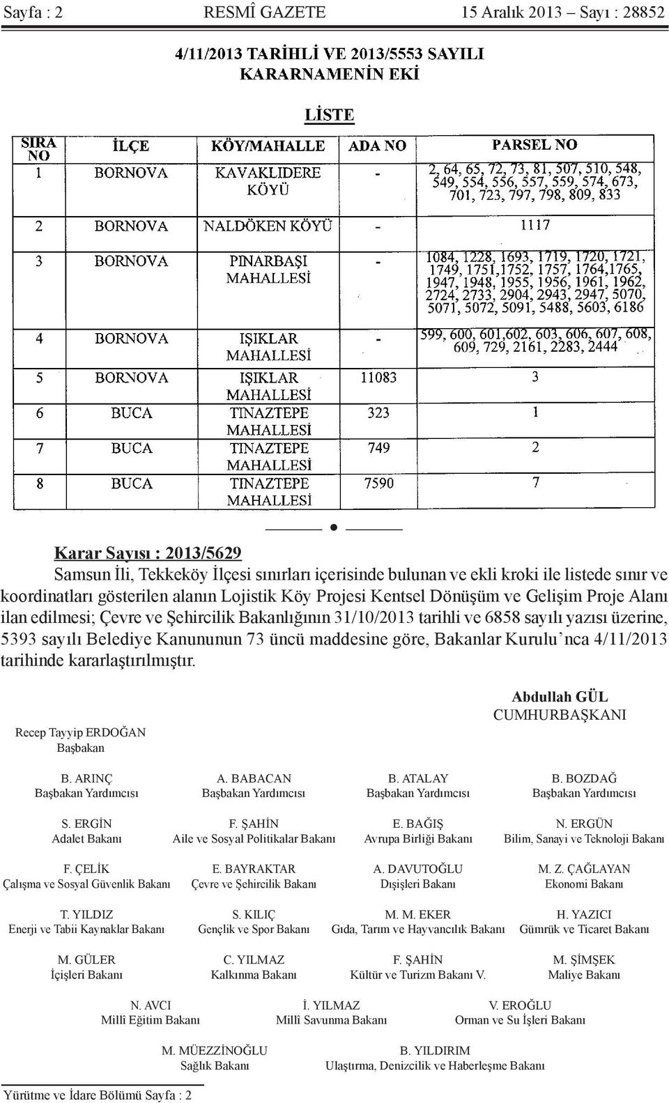 maddesine göre, Bakanlar Kurulu nca 4/11/2013 tarihinde kararlaştırılmıştır. Recep Tayyip ERDOĞAN Başbakan Abdullah GÜL CUMHURBAŞKANI B. ARINÇ A. BABACAN B. ATALAY B.