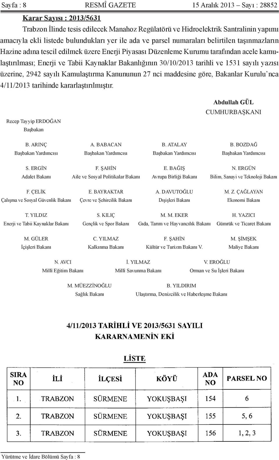 30/10/2013 tarihli ve 1531 sayılı yazısı üzerine, 2942 sayılı Kamulaştırma Kanununun 27 nci maddesine göre, Bakanlar Kurulu nca 4/11/2013 tarihinde kararlaştırılmıştır.