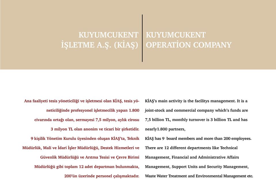 9 kişilik Yönetim Kurulu üyesinden oluşan KİAŞ ta, Teknik Müdürlük, Mali ve İdari İşler Müdürlüğü, Destek Hizmetleri ve Güvenlik Müdürlüğü ve Arıtma Tesisi ve Çevre Birimi Müdürlüğü gibi toplam 12