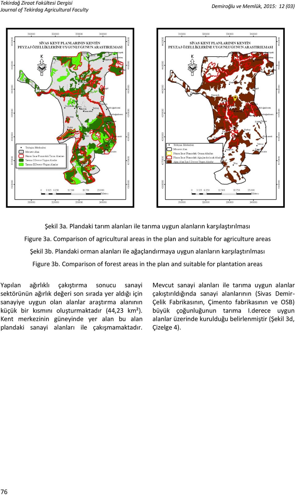 Comparison of forest areas in the plan and suitable for plantation areas Yapılan ağırlıklı çakıştırma sonucu sanayi sektörünün ağırlık değeri son sırada yer aldığı için sanayiye uygun olan alanlar