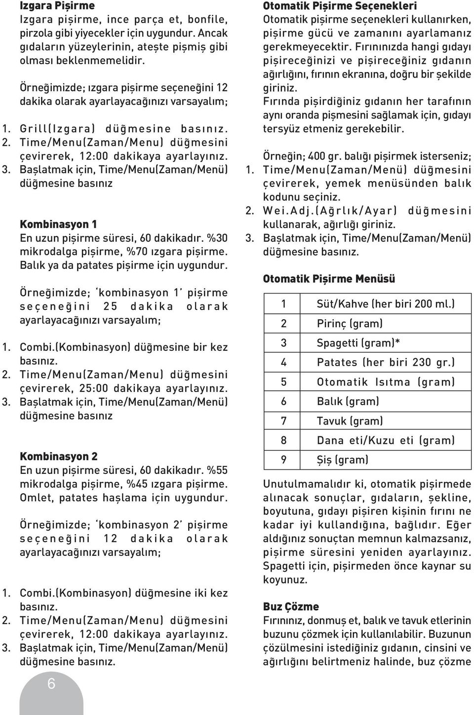 Bafllatmak için, Time/Menu(Zaman/Menü) dü mesine bas n z Kombinasyon 1 En uzun piflirme süresi, 60 dakikad r. %30 mikrodalga piflirme, %70 zgara piflirme. Bal k ya da patates piflirme için uygundur.