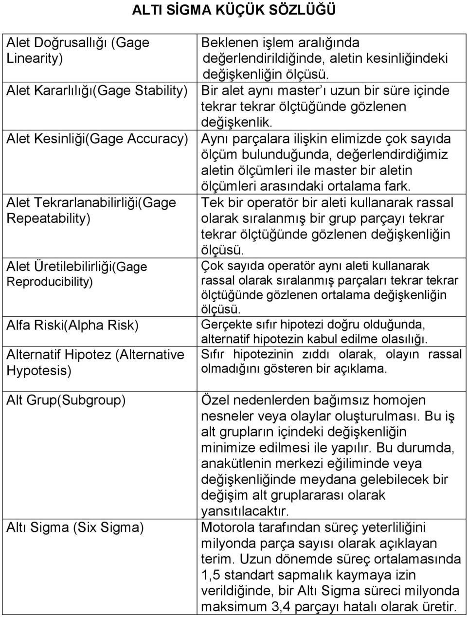 Alet Kesinliği(Gage Accuracy) Aynı parçalara ilişkin elimizde çok sayıda ölçüm bulunduğunda, değerlendirdiğimiz aletin ölçümleri ile master bir aletin ölçümleri arasındaki ortalama fark.