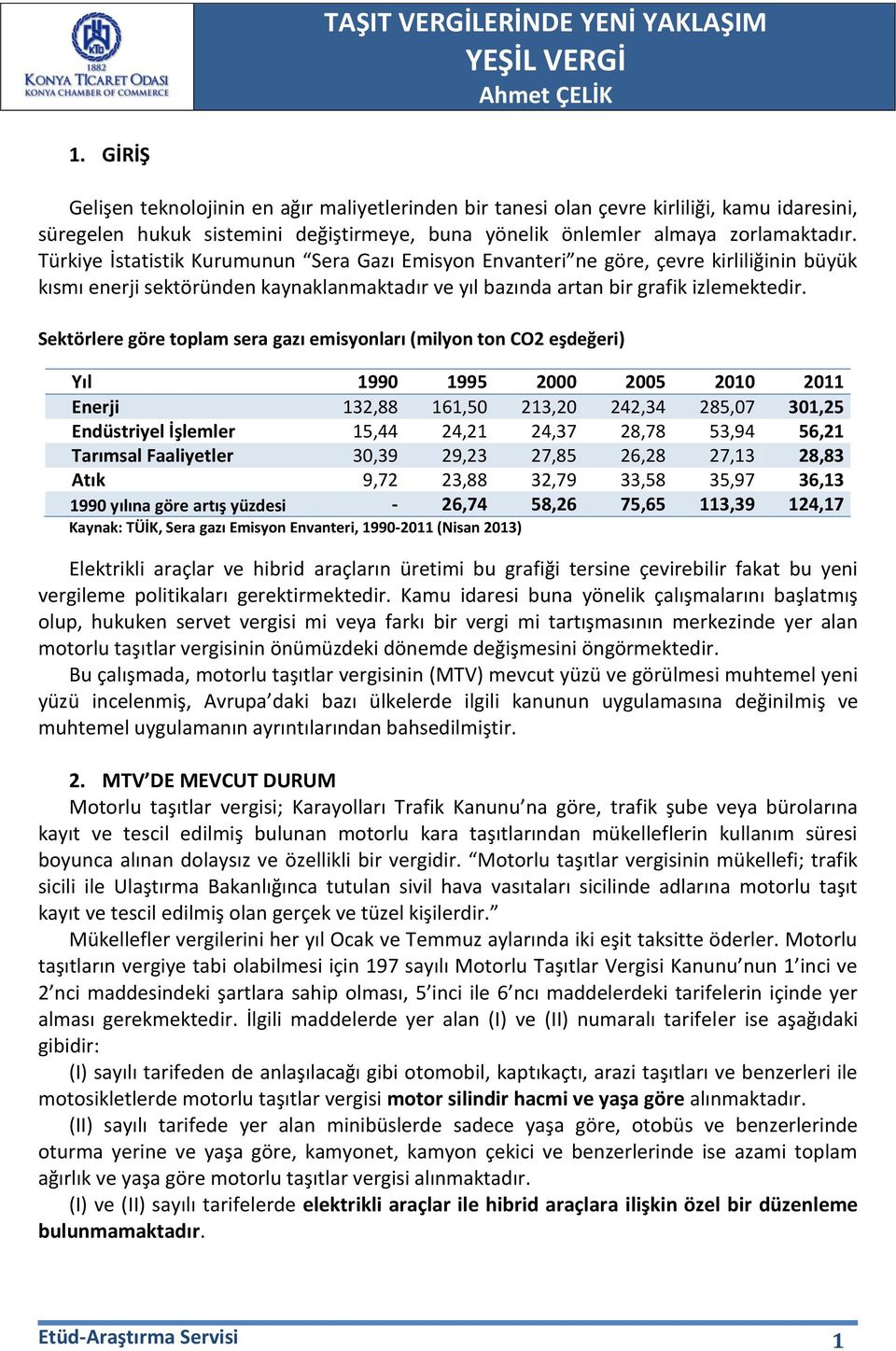 Sektörlere göre toplam sera gazı emisyonları (milyon ton CO2 eşdeğeri) Yıl 1990 1995 2000 2005 2010 2011 Enerji 132,88 161,50 213,20 242,34 285,07 301,25 Endüstriyel İşlemler 15,44 24,21 24,37 28,78