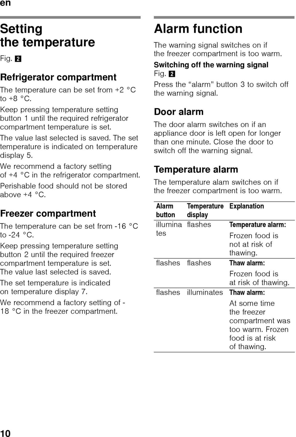 We recommend a factory setting of +4 C in the refrigerator compartment. Perishable food should not be stored above +4 C. Freezer compartment The temperature can be set from -16 C to -24 C.