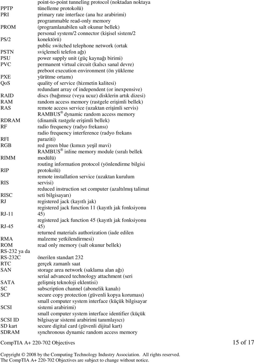 prebt executin envirnment (ön yükleme PXE yürütme rtamı) QS quality f service (hizmetin kalitesi) redundant array f independent (r inexpensive) RAID discs (bağımsız (veya ucuz) disklerin artık