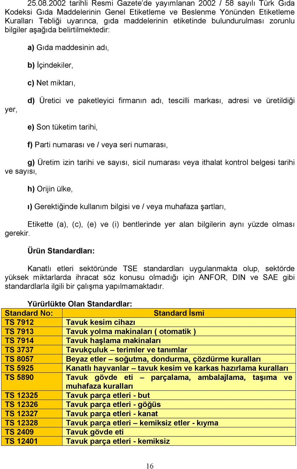 bulundurulması zorunlu bilgiler aşağıda belirtilmektedir: a) Gıda maddesinin adı, b) İçindekiler, c) Net miktarı, yer, d) Üretici ve paketleyici firmanın adı, tescilli markası, adresi ve üretildiği