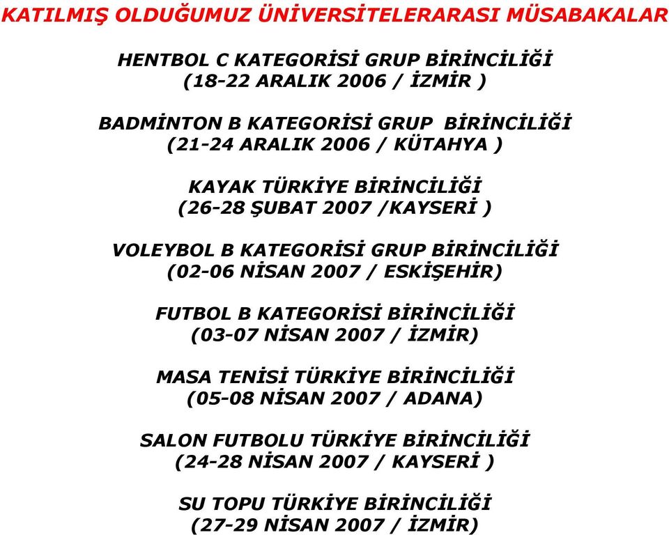 GRUP BİRİNCİLİĞİ (02-06 NİSAN 2007 / ESKİŞEHİR) FUTBOL B KATEGORİSİ BİRİNCİLİĞİ (03-07 NİSAN 2007 / İZMİR) MASA TENİSİ TÜRKİYE