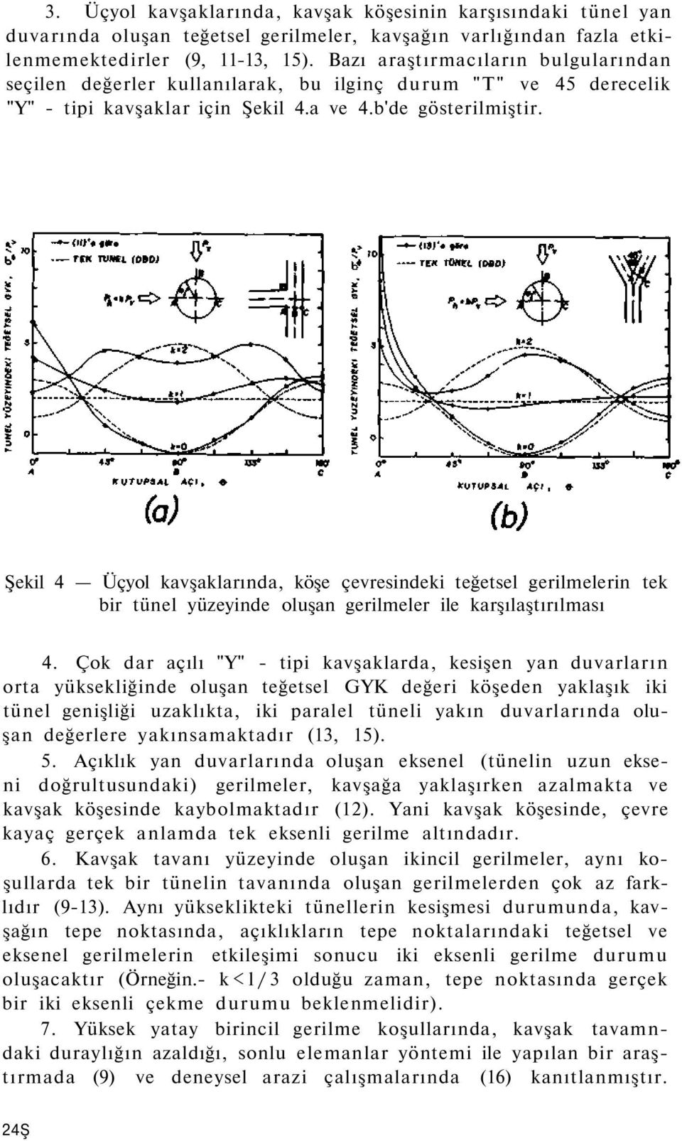 Şekil 4 Üçyol kavşaklarında, köşe çevresindeki teğetsel gerilmelerin tek bir tünel yüzeyinde oluşan gerilmeler ile karşılaştırılması 4.