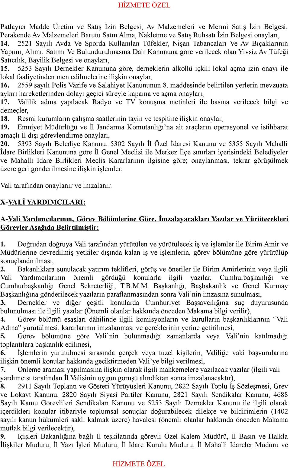 Belgesi ve onayları, 15. 5253 Sayılı Dernekler Kanununa göre, derneklerin alkollü içkili lokal açma izin onayı ile lokal faaliyetinden men edilmelerine ilişkin onaylar, 16.