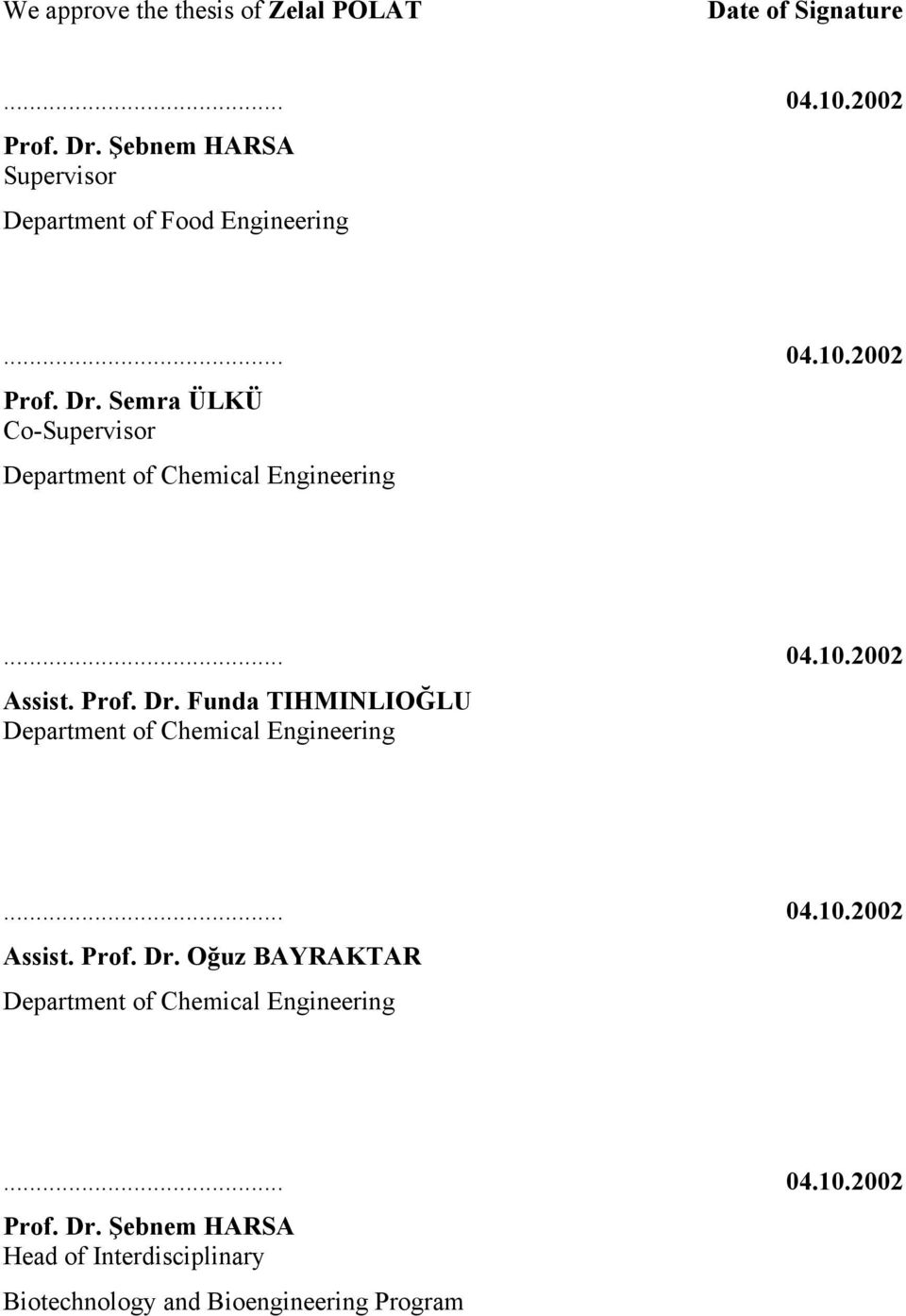 Semra ÜLKÜ Co-Supervisor Department of Chemical Engineering... 04.10.2002 Assist. Prof. Dr.