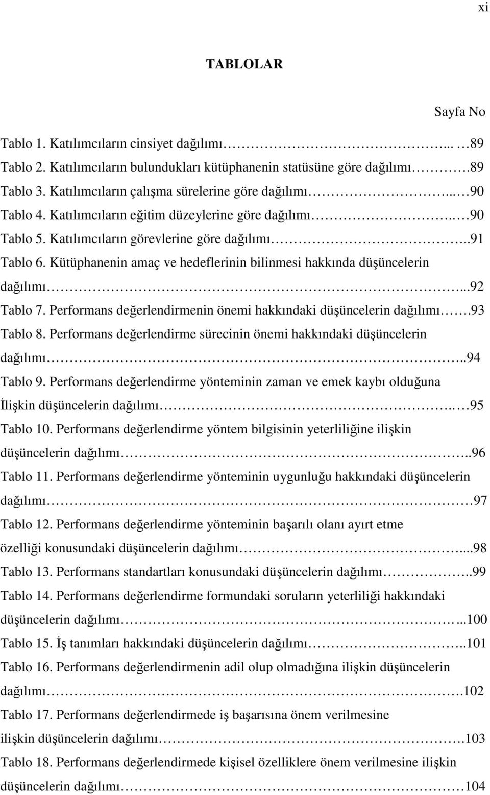 Kütüphanenin amaç ve hedeflerinin bilinmesi hakkında düşüncelerin dağılımı...92 Tablo 7. Performans değerlendirmenin önemi hakkındaki düşüncelerin dağılımı.93 Tablo 8.