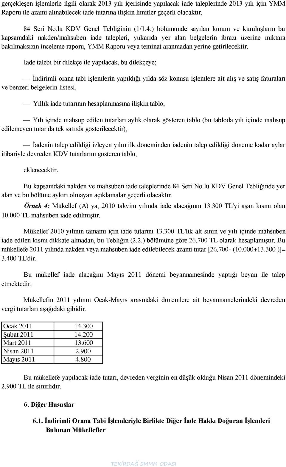 ) bölümünde sayılan kurum ve kuruluģların bu kapsamdaki nakden/mahsuben iade talepleri, yukarıda yer alan belgelerin ibrazı üzerine miktara bakılmaksızın inceleme raporu, YMM Raporu veya teminat