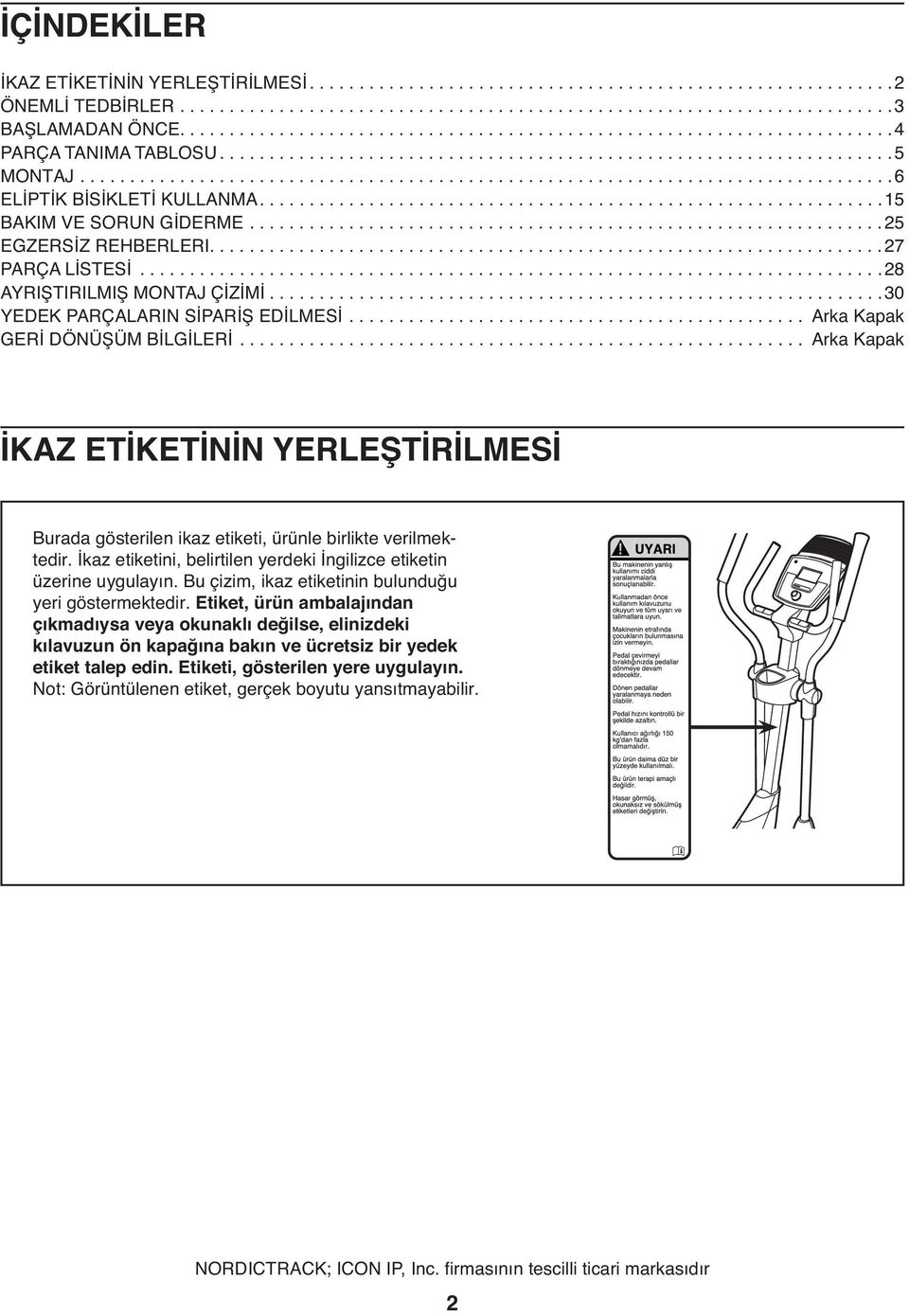 ..............................................................15 BAKIM VE SORUN GİDERME................................................................25 EGZERSİZ REHBERLERI....................................................................27 PARÇA LİSTESİ.