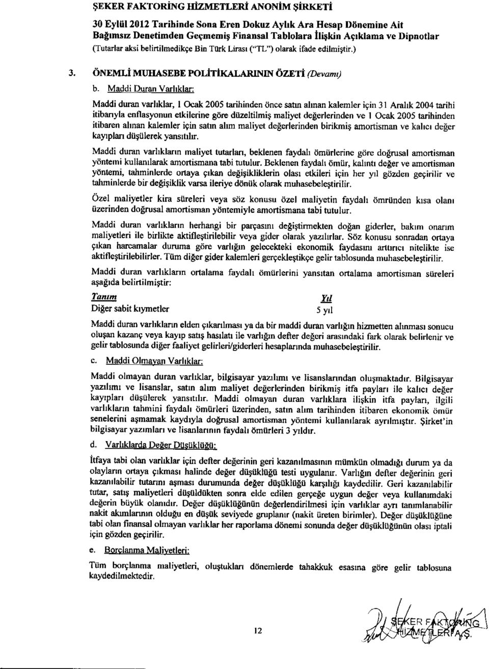 l&lar, I Ocak 2005 tzril nden itnce satn alman kalemler iein 3l AraLk 2004 tarihi itibanyla enflasyonun etkilerine gitrc diizeltilmig maliyet d gerlerinden ve I Ocak 2OO5 tarihinden itibaren alnan