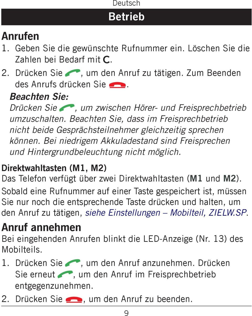 Bei niedrigem Akkuladestand sind Freisprechen und Hintergrundbeleuchtung nicht möglich. Direktwahltasten (M1, M2) Das Telefon verfügt über zwei Direktwahltasten (M1 und M2).