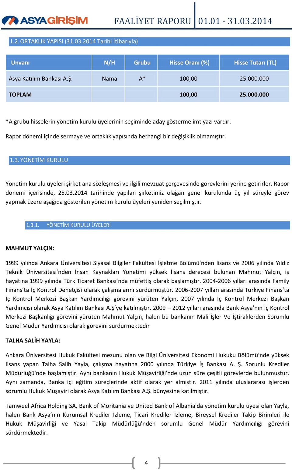 Rapor dönemi içinde sermaye ve ortaklık yapısında herhangi bir değişiklik olmamıştır. 1.3.