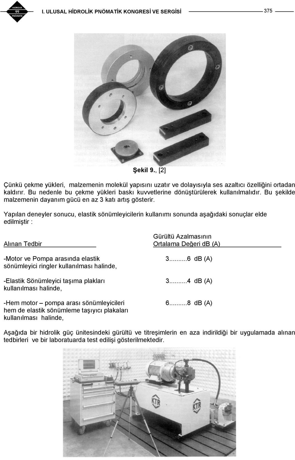 Yapılan deneyler sonucu, elastik sönümleyicilerin kullanımı sonunda aşağıdaki sonuçlar elde edilmiştir : Alınan Tedbir -Motor ve Pompa arasında elastik sönümleyici ringler kullanılması halinde,