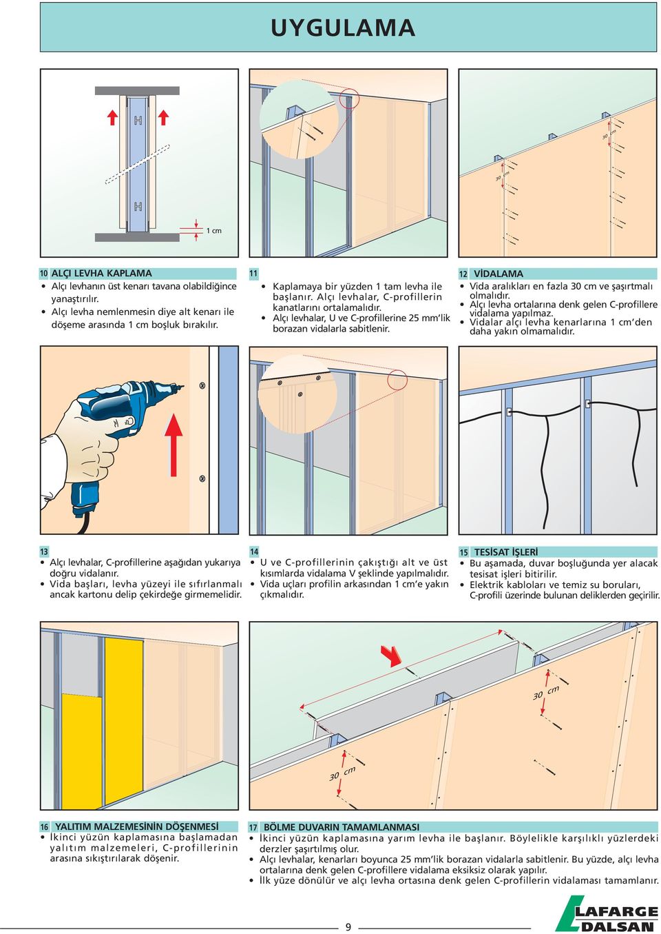 12 VİDALAMA Vida aralıkları en fazla 30 cm ve şaşırtmalı olmalıdır. Alçı levha ortalarına denk gelen C-profillere vidalama yapılmaz. Vidalar alçı levha kenarlarına 1 cm den daha yakın olmamalıdır.