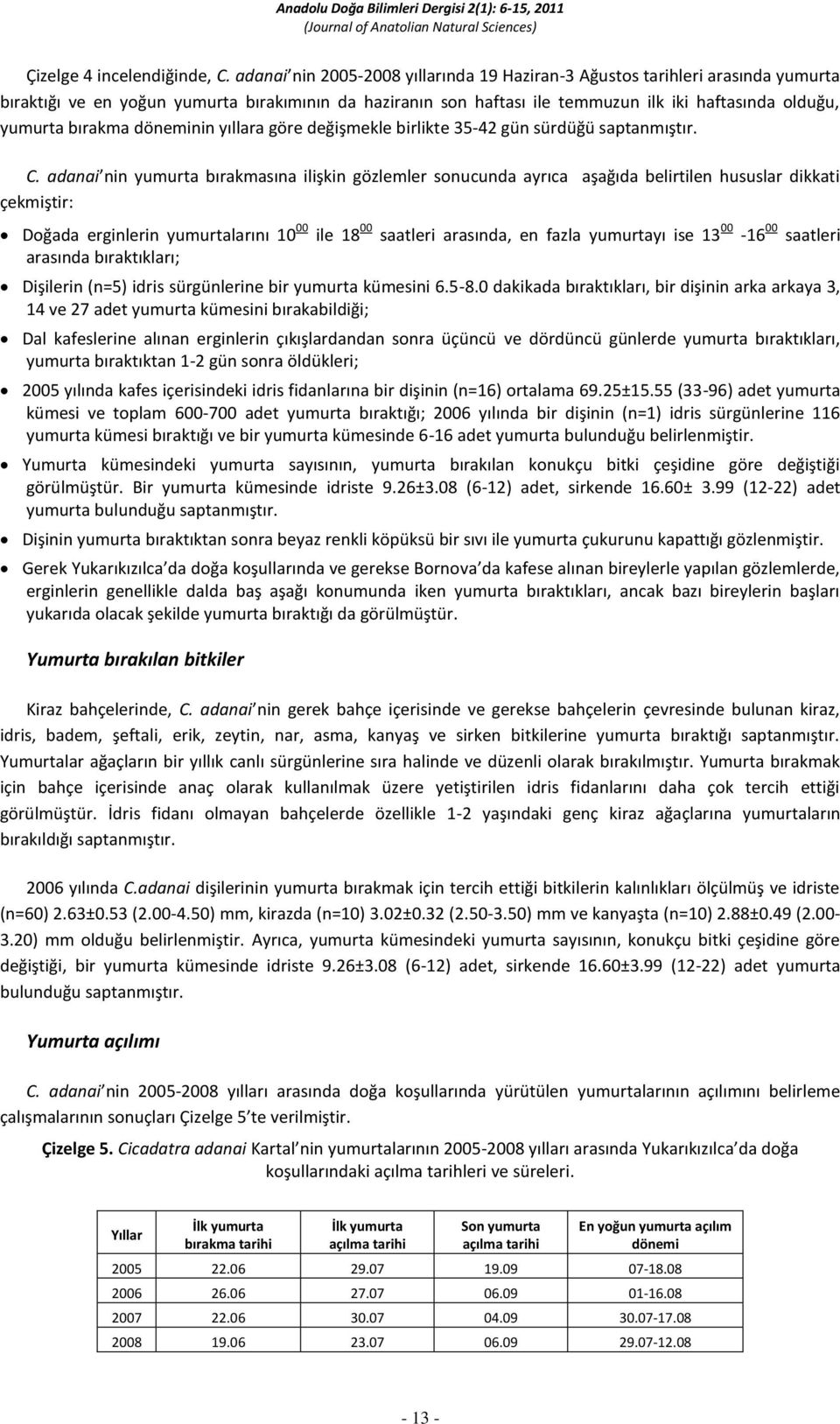 döneminin yıllara göre değişmekle birlikte 35-42 gün sürdüğü saptanmıştır. C.