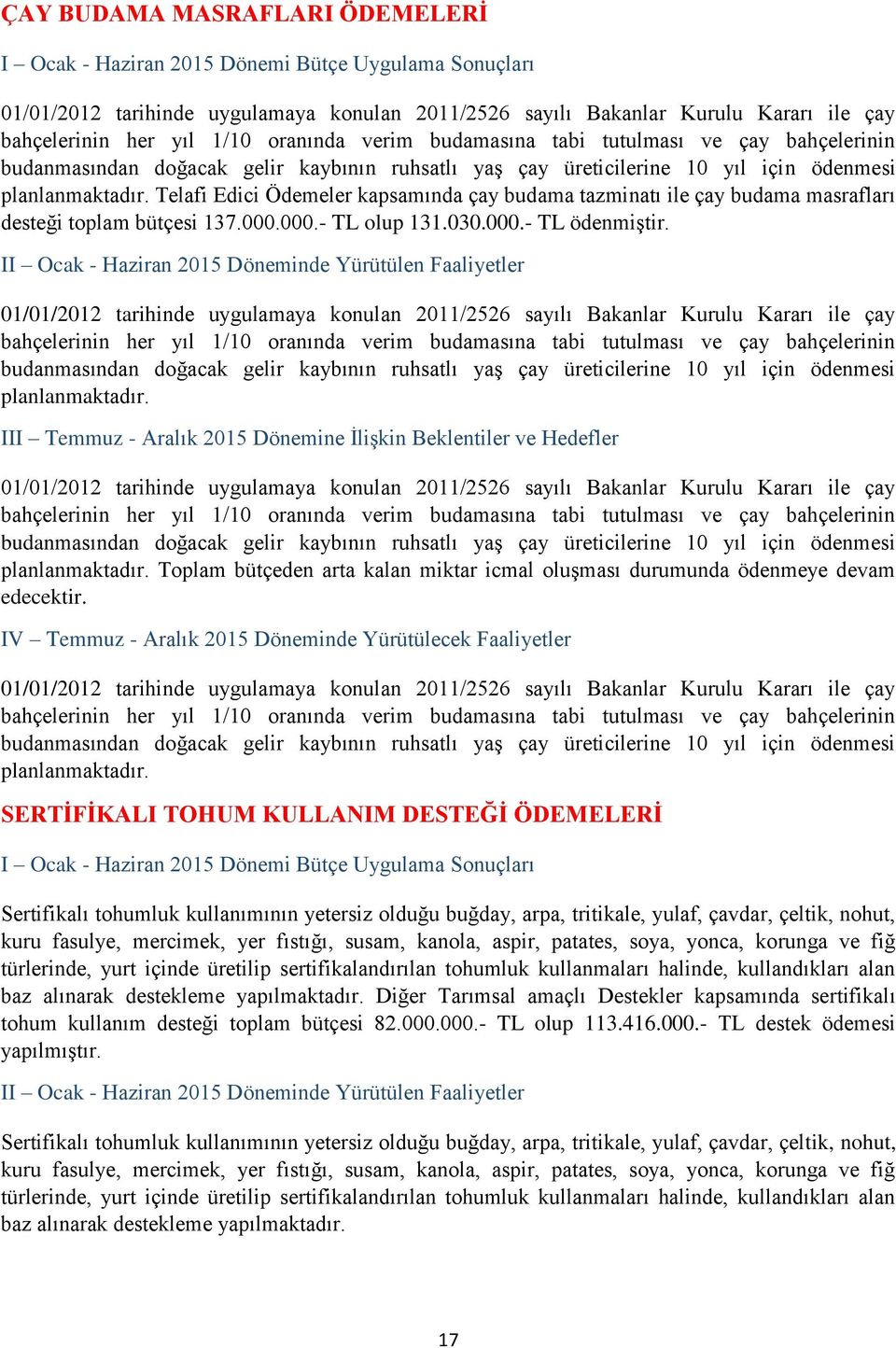 Telafi Edici Ödemeler kapsamında çay budama tazminatı ile çay budama masrafları desteği toplam bütçesi 137.000.000.- TL olup 131.030.000.- TL ödenmiştir.