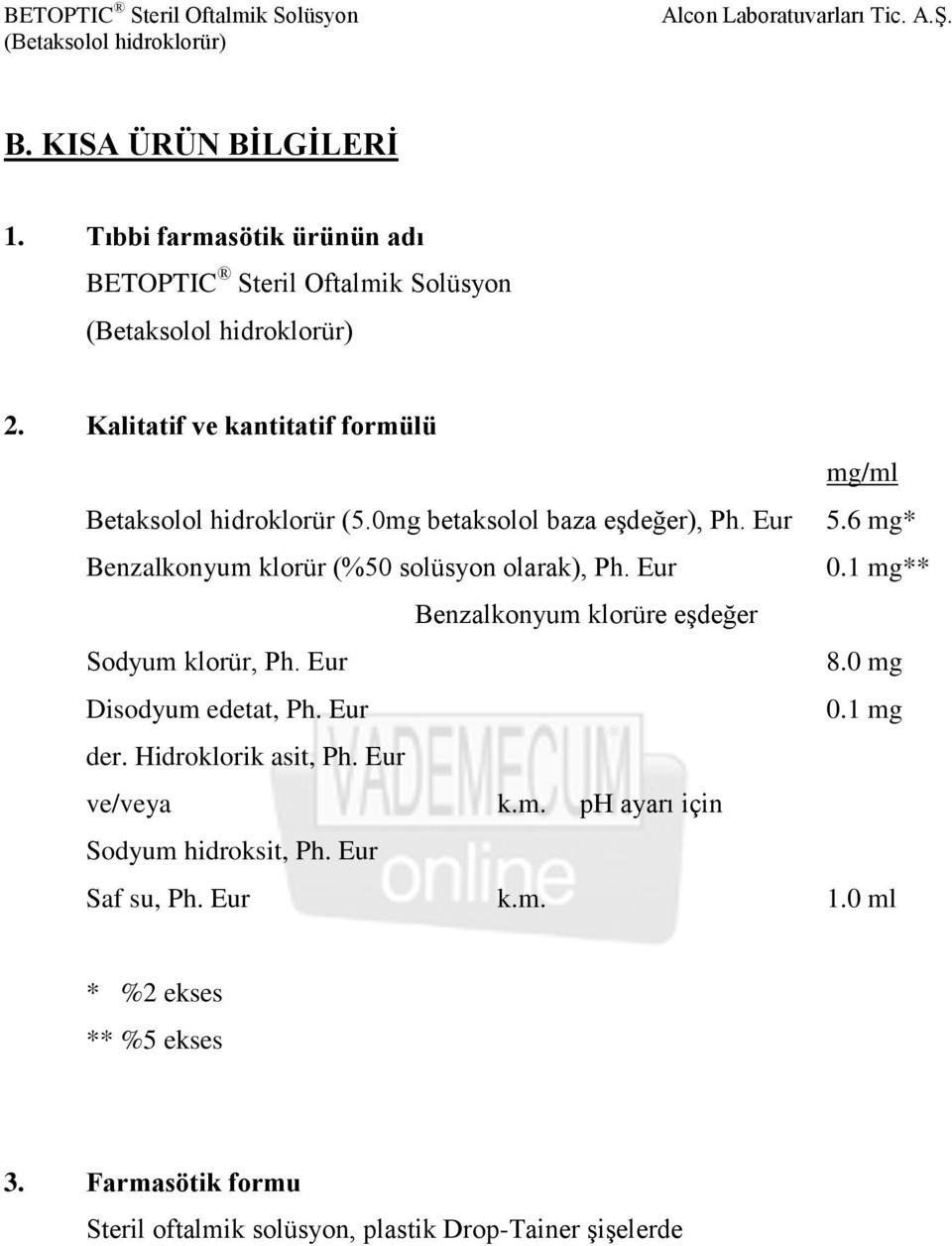 6 mg* Benzalkonyum klorür (%50 solüsyon olarak), Ph. Eur 0.1 mg** Benzalkonyum klorüre eşdeğer Sodyum klorür, Ph. Eur 8.