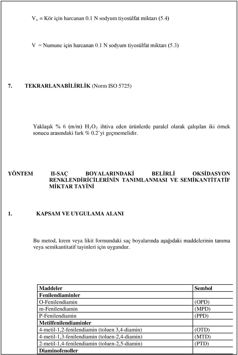 YÖNTEM II-SAÇ BOYALARINDAKİ BELİRLİ OKSİDASYON RENKLENDİRİCİLERİNİN TANIMLANMASI VE SEMİKANTİTATİF MİKTAR TAYİNİ 1.