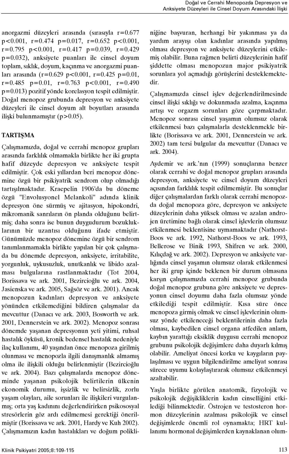 001, r=0.490 p=0.013) pozitif yönde korelasyon tespit edilmiþtir. Doðal menopoz grubunda depresyon ve anksiyete düzeyleri ile cinsel doyum alt boyutlarý arasýnda iliþki bulunmamýþtýr (p>0.05).