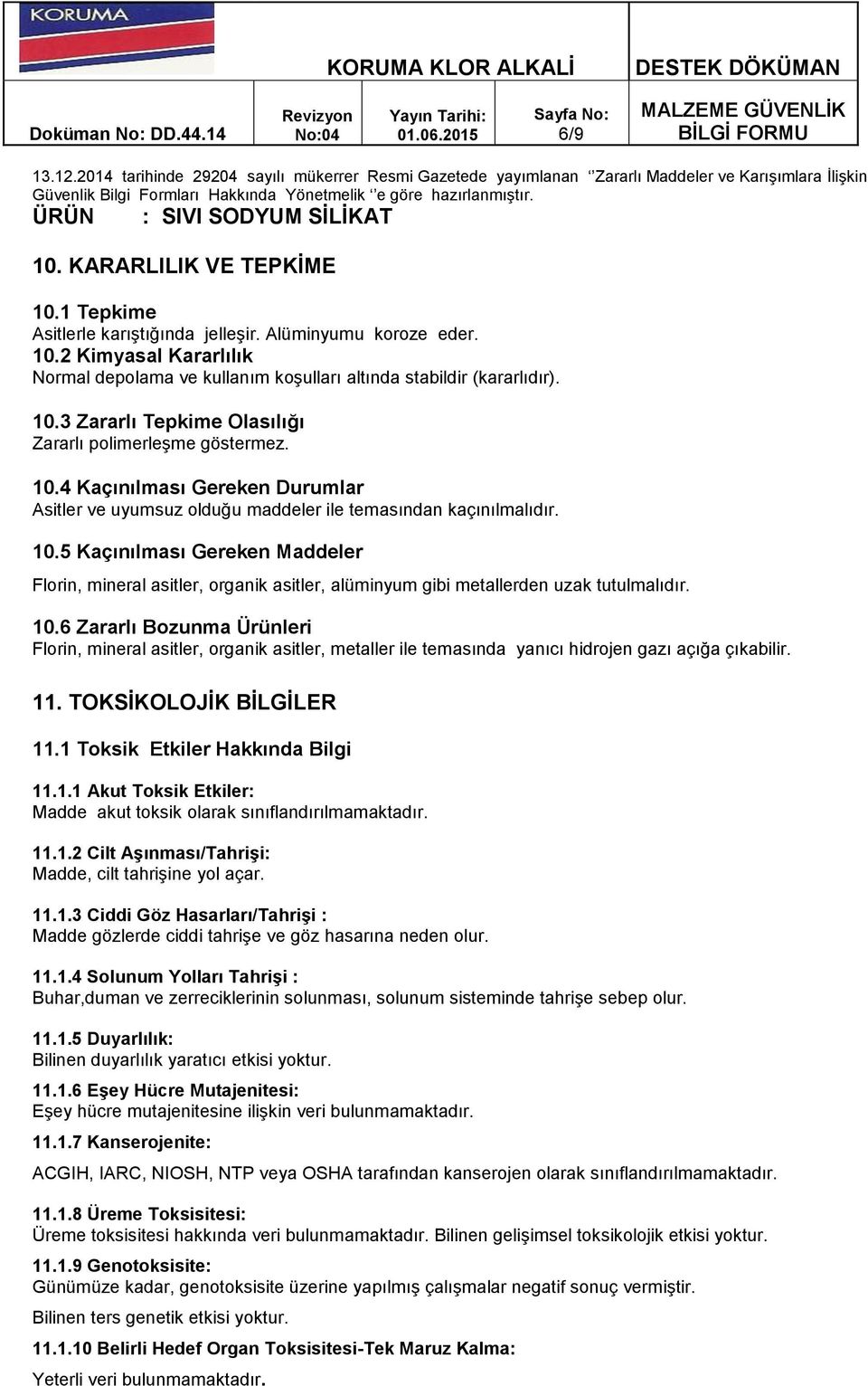 5 Kaçınılması Gereken Maddeler Florin, mineral asitler, organik asitler, alüminyum gibi metallerden uzak tutulmalıdır. 10.