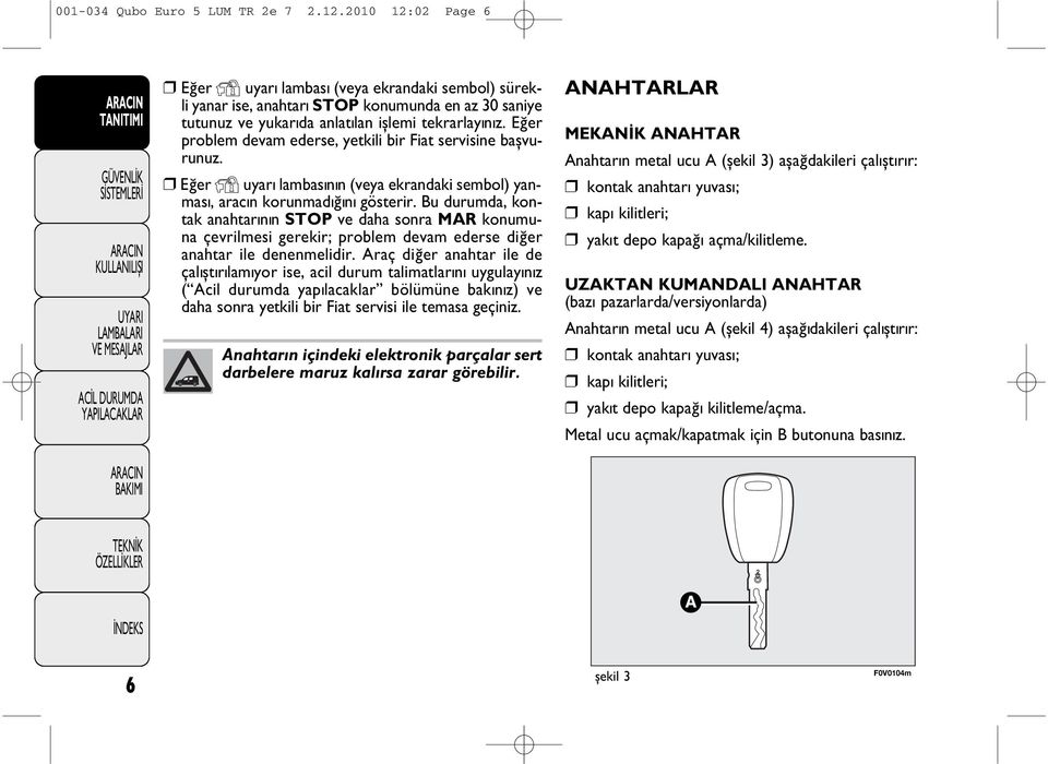 Eðer problem devam ederse, yetkili bir Fiat servisine baþvurunuz. Eðer Y uyarý lambasýnýn (veya ekrandaki sembol) yanmasý, aracýn korunmadýðýný gösterir.