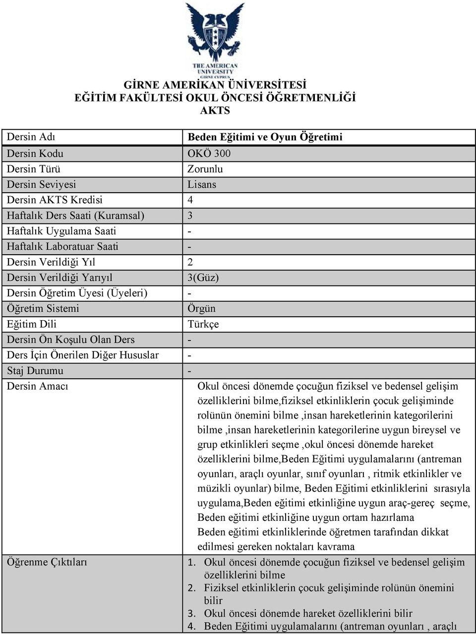 Dili Türkçe Dersin Ön Koşulu Olan Ders Ders İçin Önerilen Diğer Hususlar Staj Durumu Dersin Amacı Okul öncesi dönemde çocuğun fiziksel ve bedensel gelişim özelliklerini bilme,fiziksel etkinliklerin