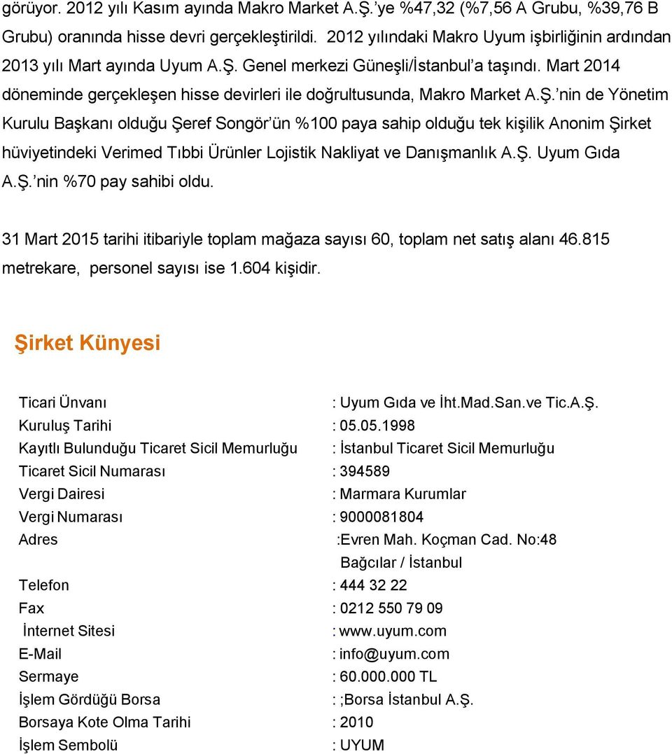 Mart 2014 döneminde gerçekleģen hisse devirleri ile doğrultusunda, Makro Market A.ġ.