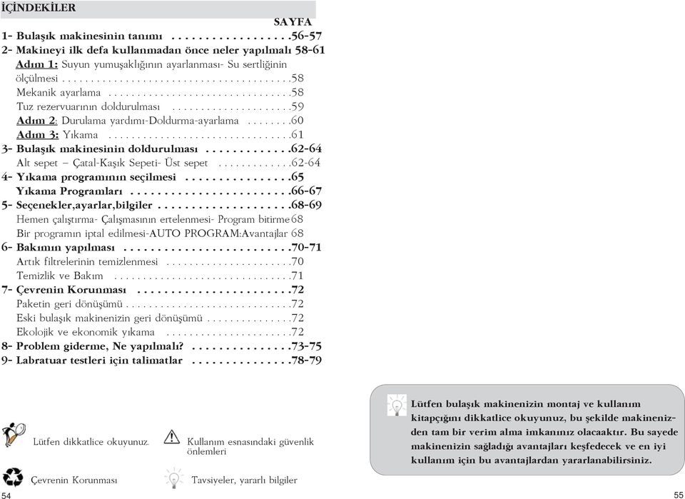 .......60 Adım 3: Yıkama................................61 3- Bulaşık makinesinin doldurulması.............62-64 Alt sepet Çatal-Kaşık Sepeti- Üst sepet.............62-64 4- Yıkama programının seçilmesi.