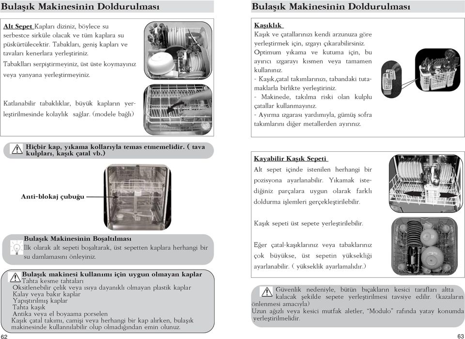 Katlanabilir tabaklıklar, büyük kapların yerleştirilmesinde kolaylık sağlar. (modele bağlı) Kaşıklık Kaşık ve çatallarınızı kendi arzunuza göre yerleştirmek için, ızgayı çıkarabilirsiniz.