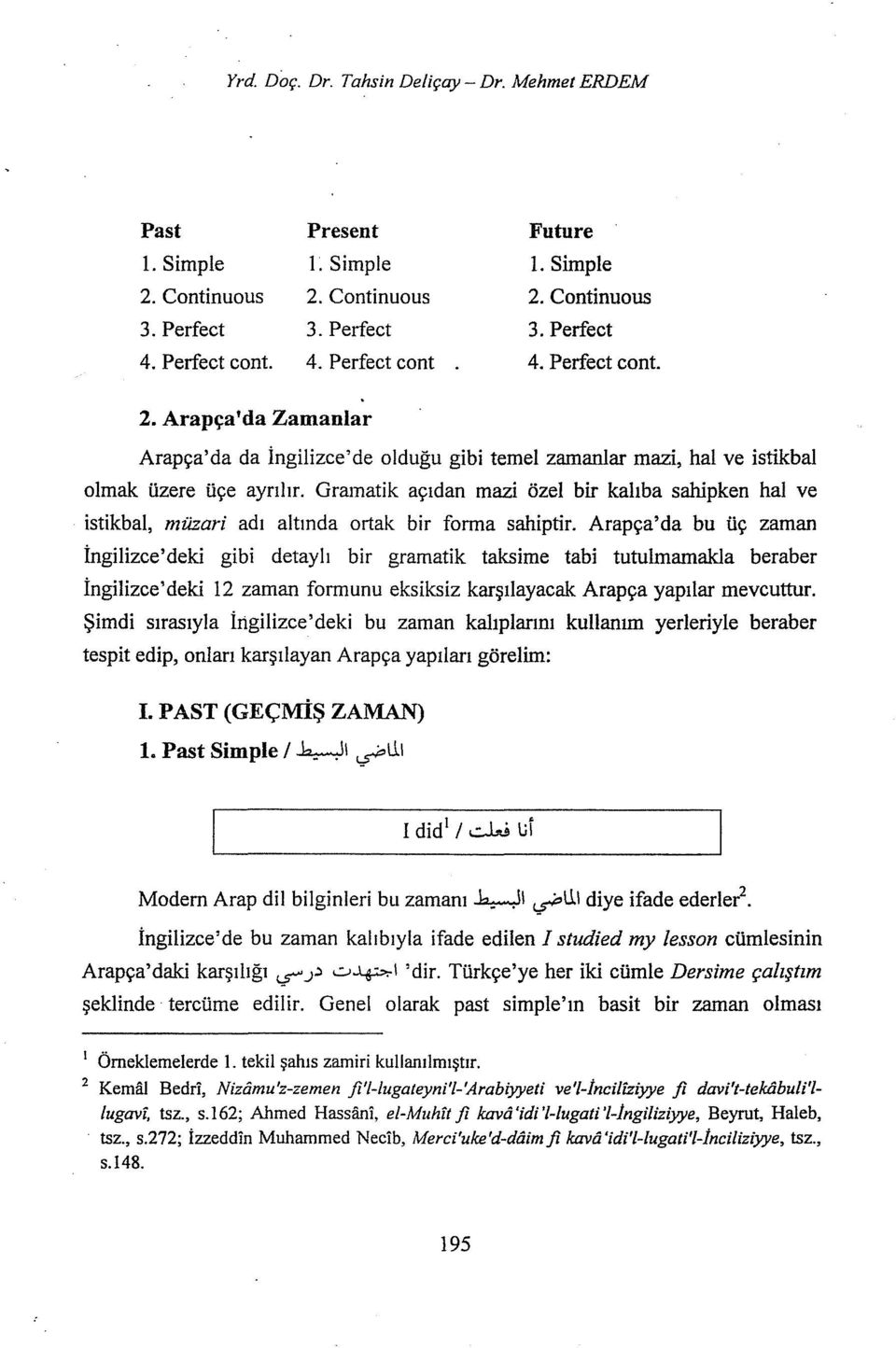 Gramatİk açıdan mazi özel bir kalıba sahipken hal ve istikbal, müzari adı altında ortak bir forma sahiptir.