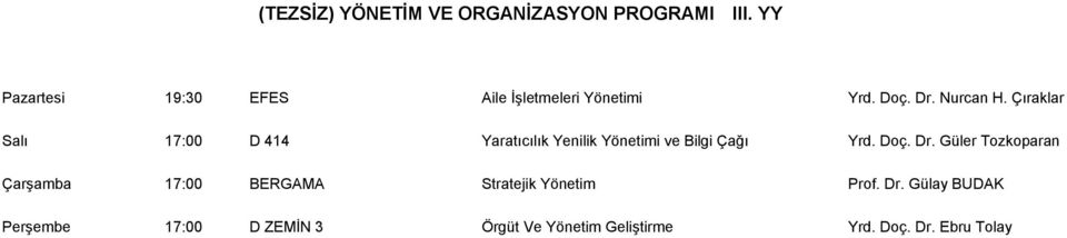 Çıraklar Salı 17:00 D 414 Yaratıcılık Yenilik Yönetimi ve Bilgi Çağı Yrd. Doç. Dr.