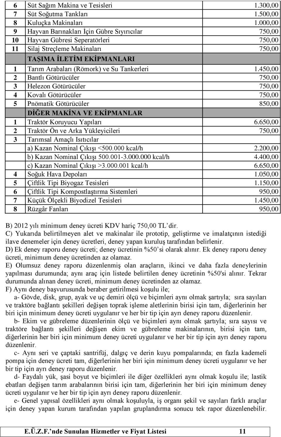 Tankerleri 1.450,00 2 Bantlı Götürücüler 750,00 3 Helezon Götürücüler 750,00 4 Kovalı Götürücüler 750,00 5 Pnömatik Götürücüler 850,00 DİĞER MAKİNA VE EKİPMANLAR 1 Traktör Koruyucu Yapıları 6.