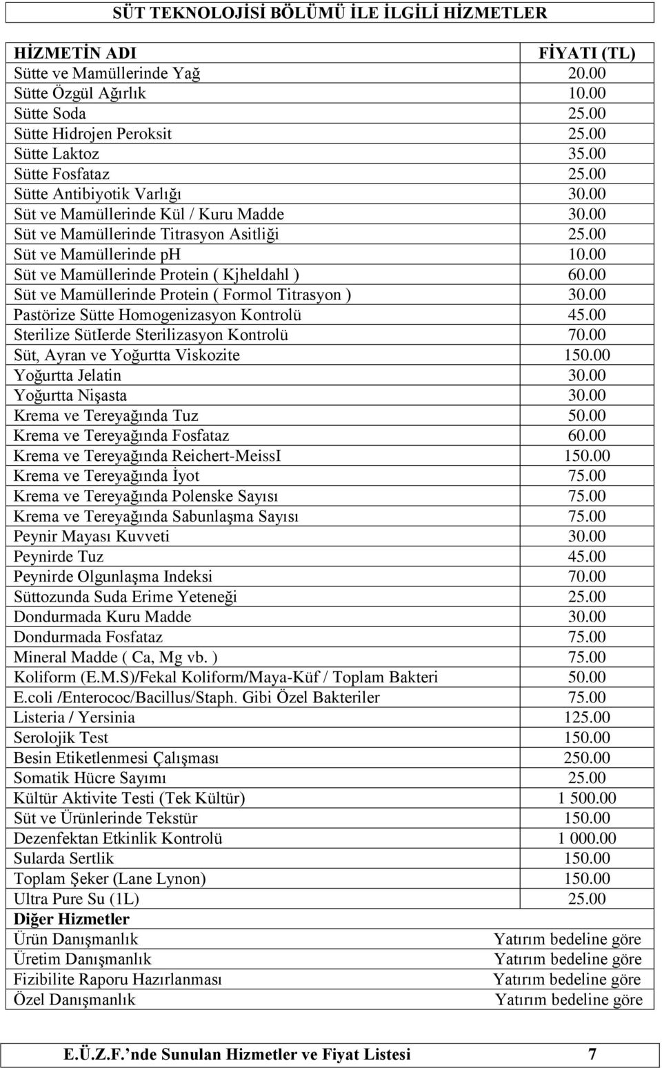 00 Süt ve Mamüllerinde Protein ( Kjheldahl ) 60.00 Süt ve Mamüllerinde Protein ( Formol Titrasyon ) 30.00 Pastörize Sütte Homogenizasyon Kontrolü 45.00 Sterilize SütIerde Sterilizasyon Kontrolü 70.