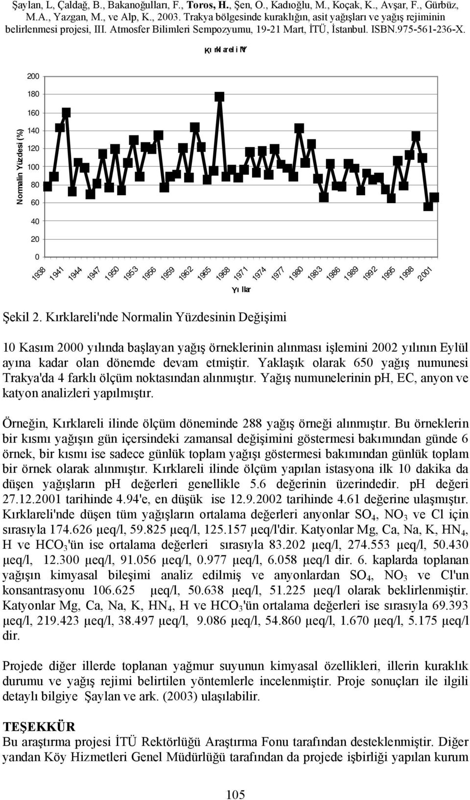 dönemde devam etmiştir. Yaklaşık olarak 650 yağış numunesi Trakya'da 4 farklı ölçüm noktasından alınmıştır. Yağış numunelerinin ph, EC, anyon ve katyon analizleri yapılmıştır.