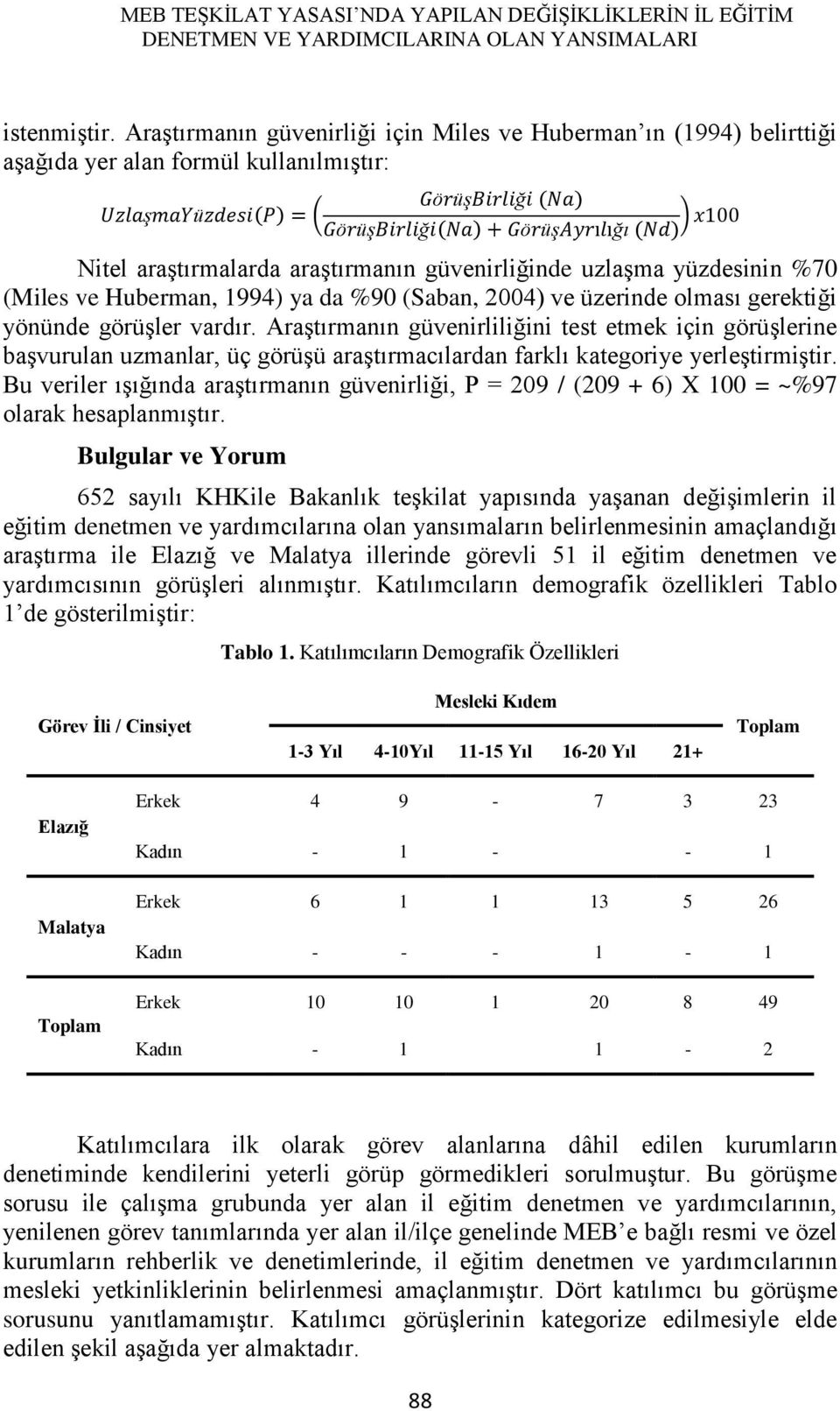 araģtırmalarda araģtırmanın güvenirliğinde uzlaģma yüzdesinin %70 (Miles ve Huberman, 1994) ya da %90 (Saban, 2004) ve üzerinde olması gerektiği yönünde görüģler vardır.