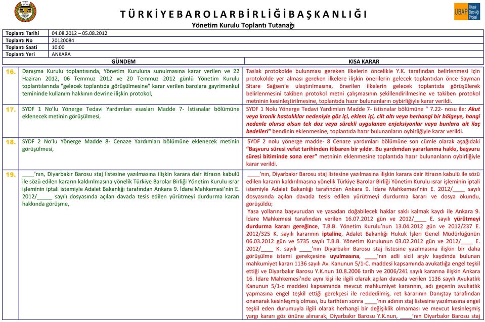 SYDF 1 No lu Yönerge Tedavi Yardımları esasları Madde 7- İstisnalar bölümüne eklenecek metinin görüşülmesi, 18.