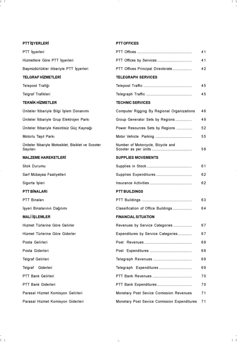 HAREKETLERİ Stok Durumu Sarf Mübayaa Faaliyetleri Sigorta İşleri PTT BİNALARI PTT Binaları İşyeri Binalarının Dağılımı MALİ İŞLEMLER Hizmet Türlerine Göre Gelirler Hizmet Türlerine Göre Giderler
