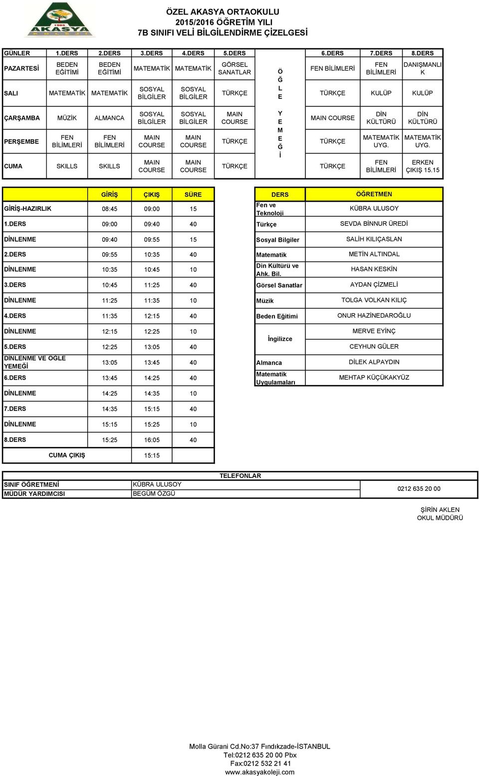 15 GRŞ-ZIRI 1.DRS 2.DRS 3.DRS 4.DRS 5.DRS 6.DRS 7.DRS 8.DRS CU ÇIIŞ GRŞ ÇIIŞ SÜR DRS 08:45 09:00 15 Fen ve eknoloji 09:40 09:55 15 Sosyal Bilg