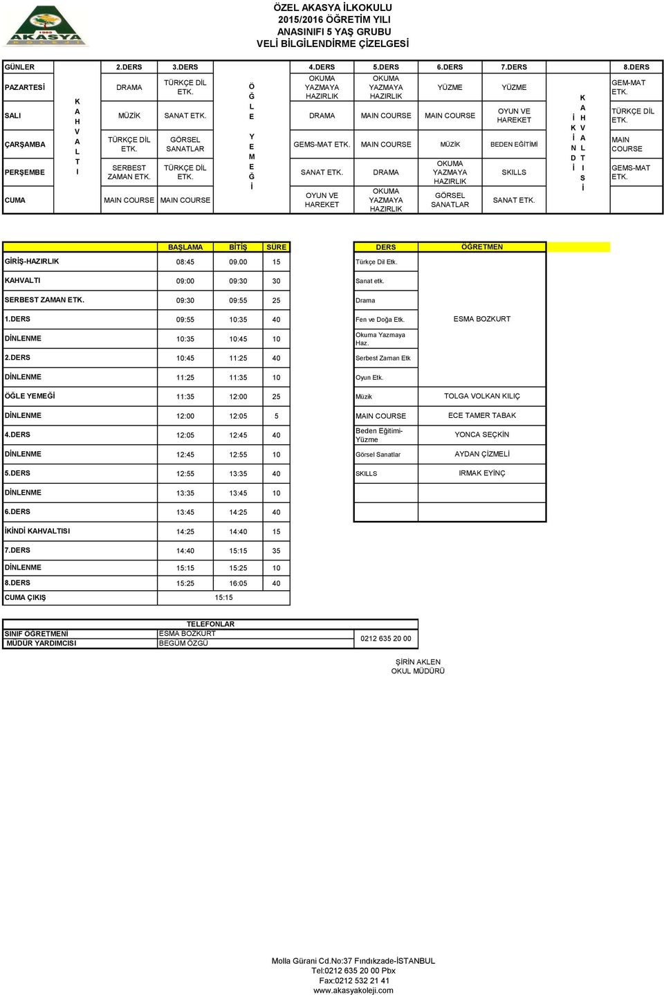 09:30 09:55 25 Drama 09:55 10:35 40 Fen ve Doğa tk. RN S BOZUR Okuma azmaya az. 2.DRS 4.DRS 5.DRS 6.DRS ND ISI 7.DRS 8.DRS CU ÇIIŞ Serbest Zaman tk 11:25 11:35 10 Oyun tk.