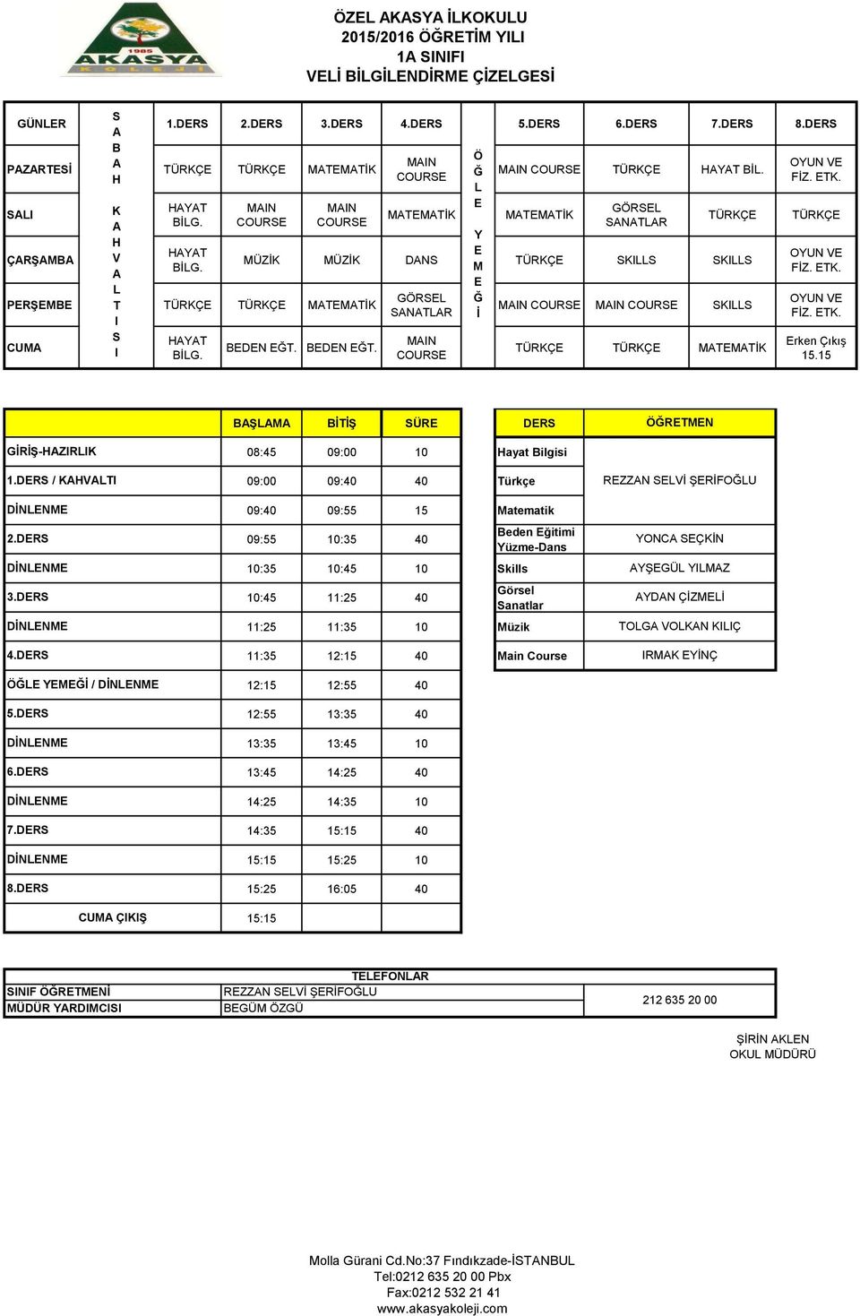 DRS CU ÇIIŞ 08:45 09:00 10 ayat Bilgisi 09:40 09:55 15 atematik 09:55 10:35 40 Skills Beden ğitimi üzme-dans Görsel Sanatlar 11:25 11:35 10 üzik 11:35 12:15 40 ain Course 12:15 12:55