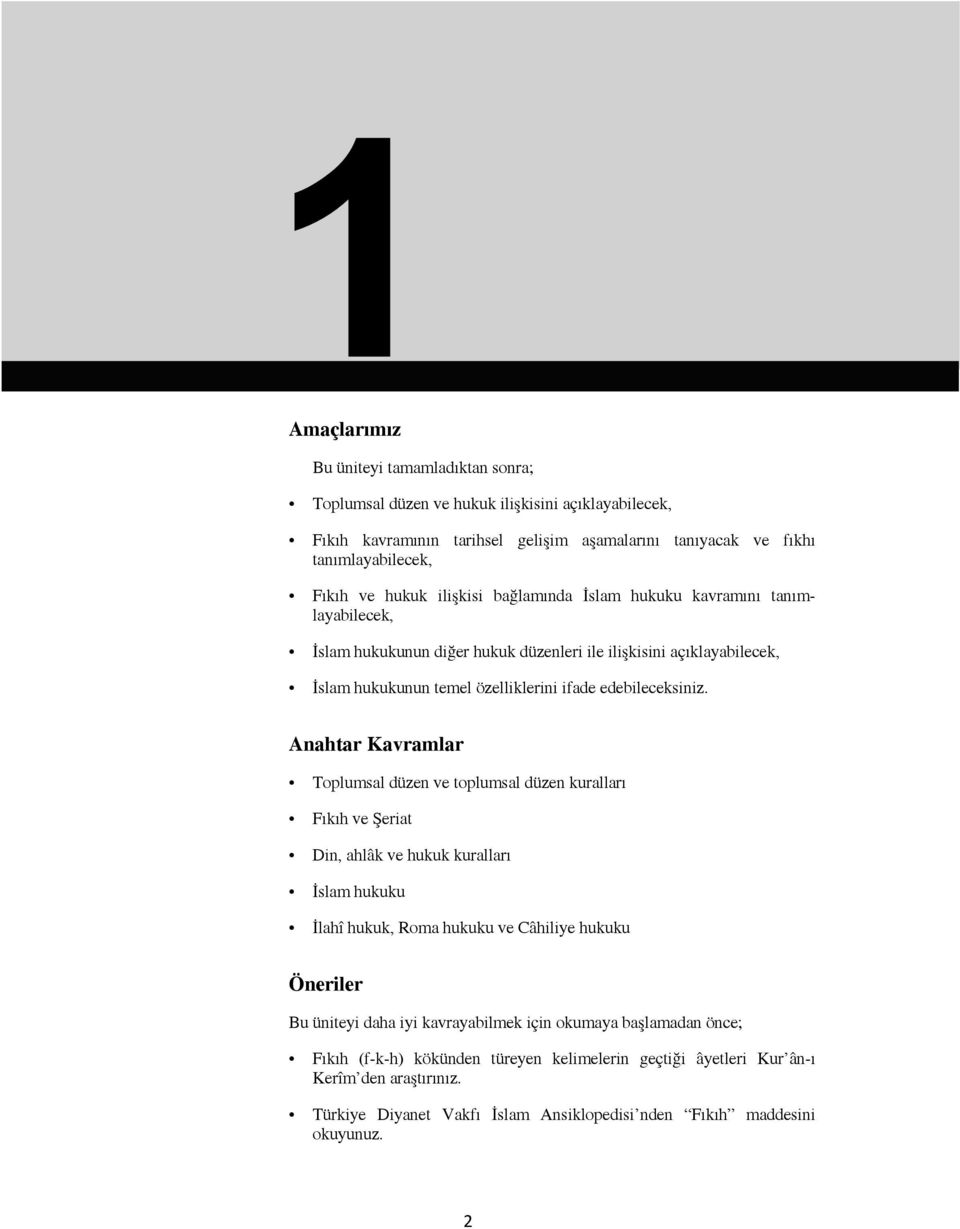 Anahtar Kavramlar Toplumsal düzen ve toplumsal düzen kuralları Fıkıh ve Şeriat Din, ahlâk ve hukuk kuralları İslam hukuku İlahî hukuk, Roma hukuku ve Câhiliye hukuku Öneriler Bu üniteyi daha iyi