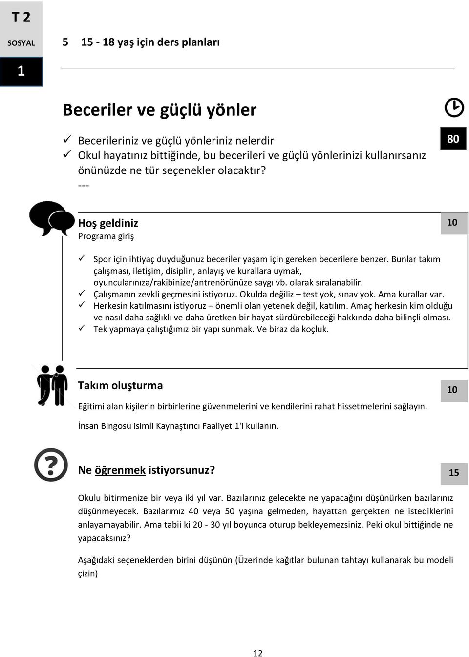 Bunlar takım çalışması, iletişim, disiplin, anlayış ve kurallara uymak, oyuncularınıza/rakibinize/antrenörünüze saygı vb. olarak sıralanabilir. Çalışmanın zevkli geçmesini istiyoruz.