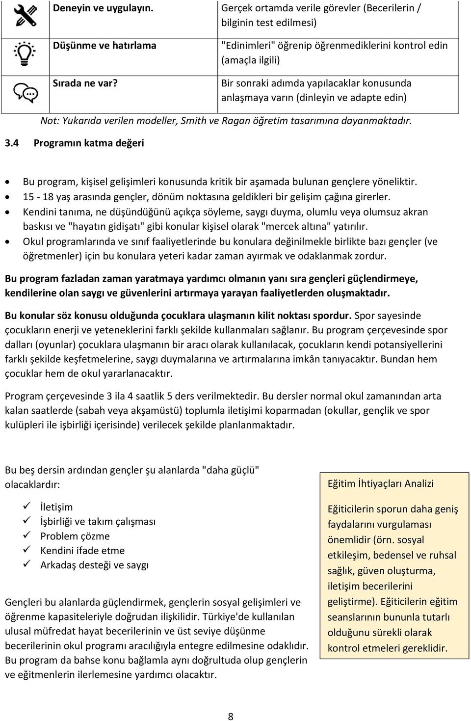 öğretim tasarımına dayanmaktadır. 3.4 Programın katma değeri Bu program, kişisel gelişimleri konusunda kritik bir aşamada bulunan gençlere yöneliktir.